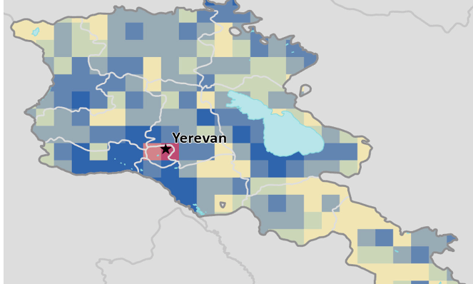 Map from report of absolute change in population density in Armenia under the pessimistic reference scenario, 2010–2050.